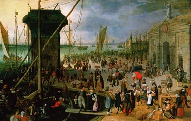 Een uitzicht op de haven van Antwerpen met de Kraanenhoofd en de Werfpoort, 1608